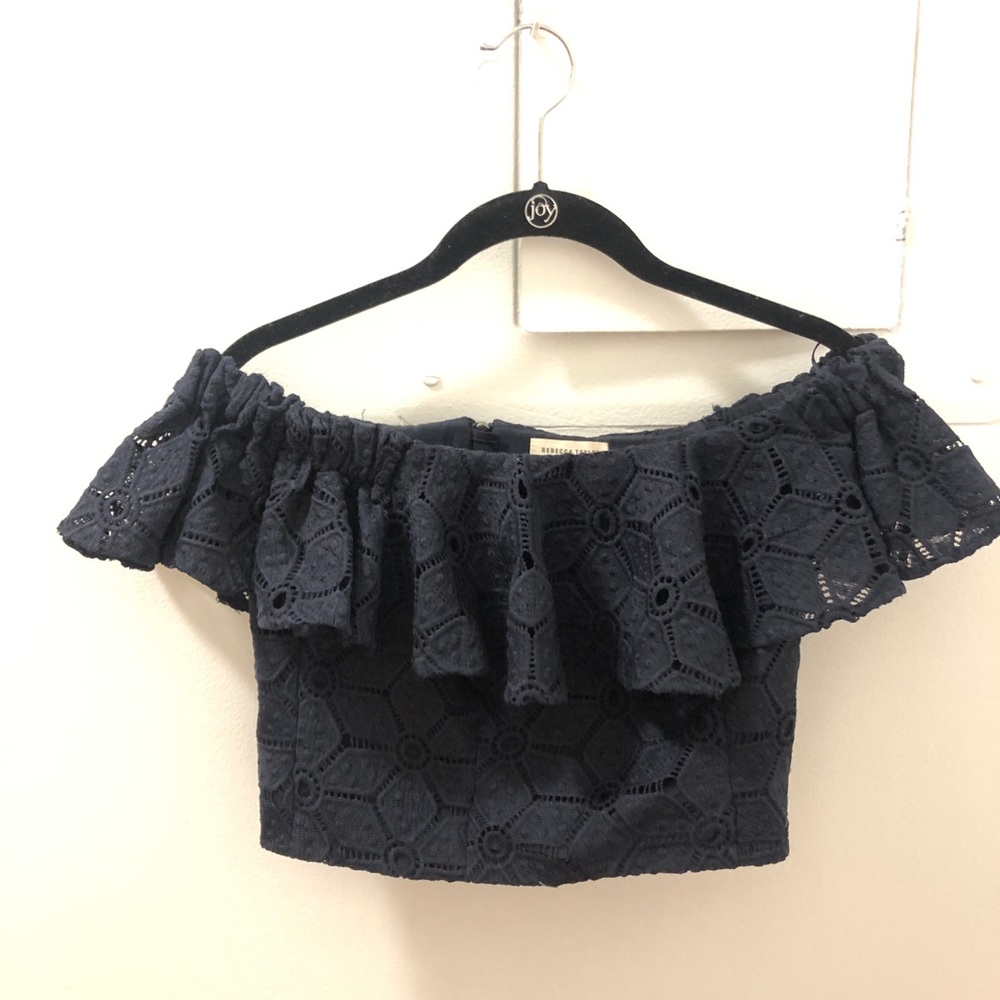 Rebecca Taylor navy off shoulder lace crop, size 2